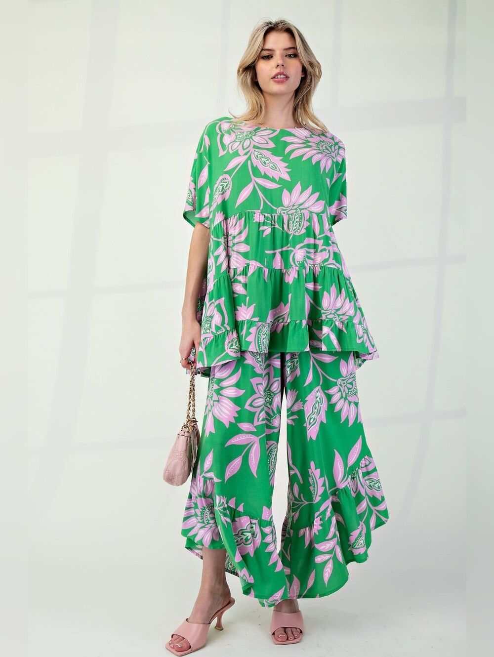 NWT EASEL Printed Rayon CHALLIS Ruffle Babydoll Tunic S/M/L